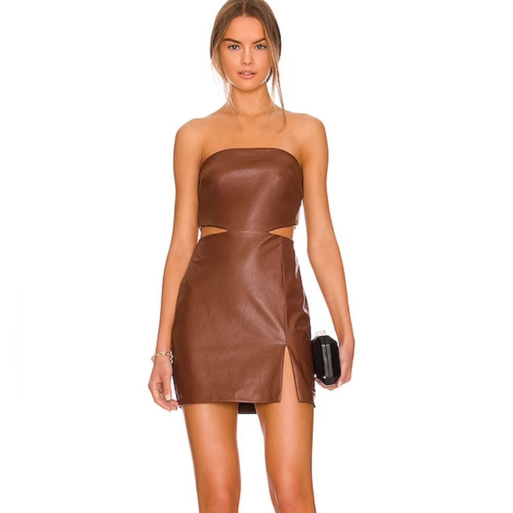 Amanda Uprichard Kloss Cutout Faux Leather Mini Dress Brown Medium